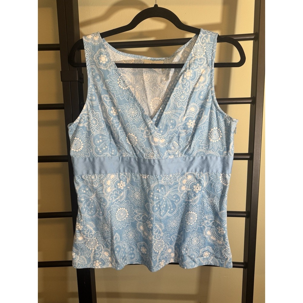 Ann Taylor LOFT Top 12 Blue Paisley Floral Surplice V Neck Empire Waist Cotton